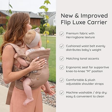 Infantino Flip Luxe 4-in-1 Baby Carrier Ergonomic 7-35 lbs, Affogato | Updated Lumbar Support, Premium Herringbone Fabric, Elevated Accents, for On-the-Go Parenting, for Infants to Toddlers